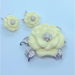 Vintage Nolan Miller Silver Tone Creamy White Camellia Rose Crystal Set